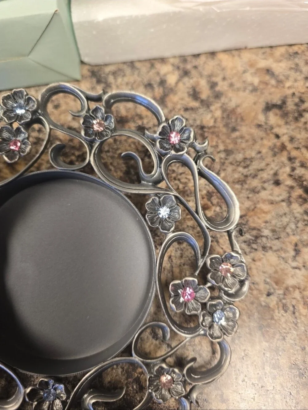 Floral Crystal Accent Candle Holder - Silver